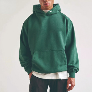 100% Cotton Army Green Heavy Weight Fleece No string Snap Button Oversized Hoodie with pocket men