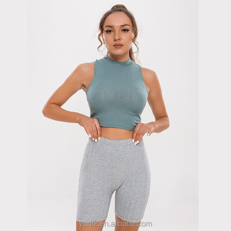 Yudi Garment  Stylish Stand Neck Sleeveless Midriff Bare Tube Top Skinny Rib Knit Crop Top for Women