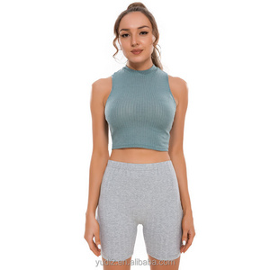 Yudi Garment  Stylish Stand Neck Sleeveless Midriff Bare Tube Top Skinny Rib Knit Crop Top for Women