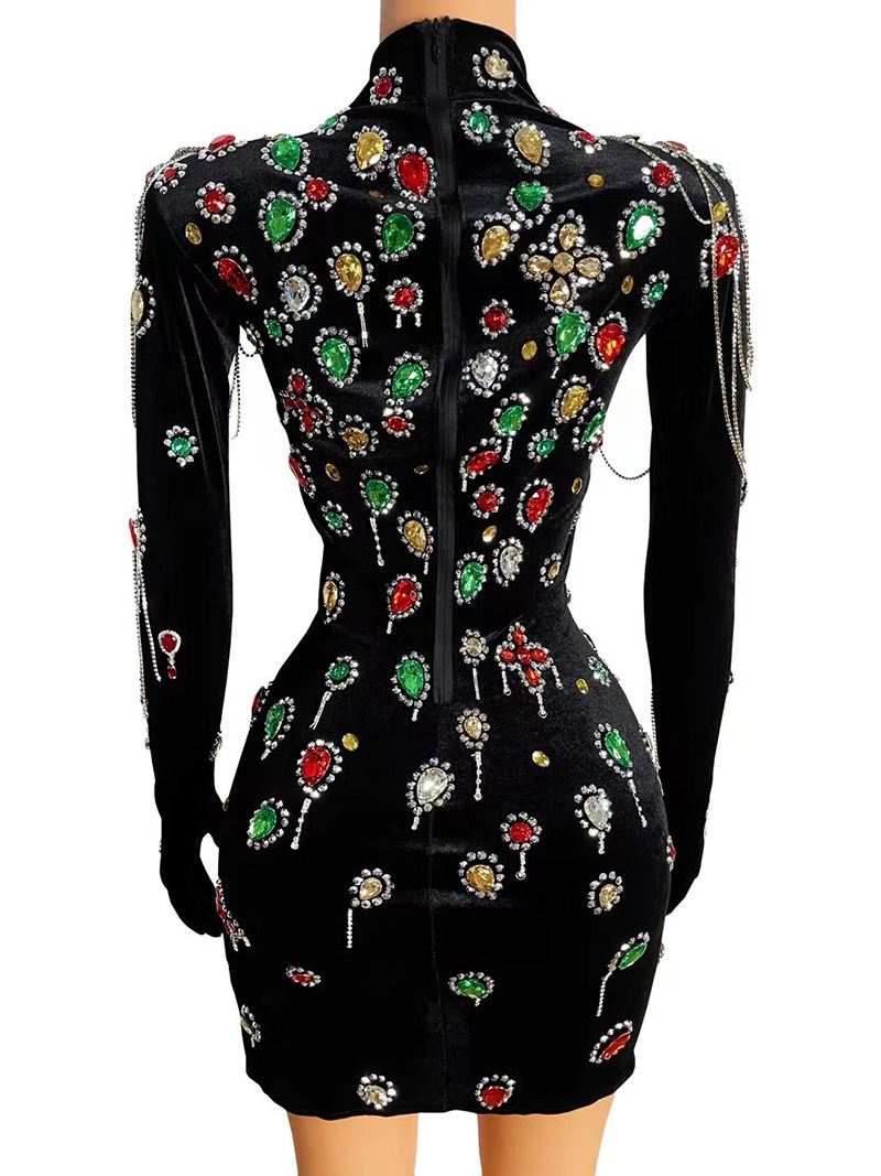 Drop Ship colorful crystal Split Mini Dress Clubwear Women Diamond Partywear Long Sleeve With glove cocktail Dresses