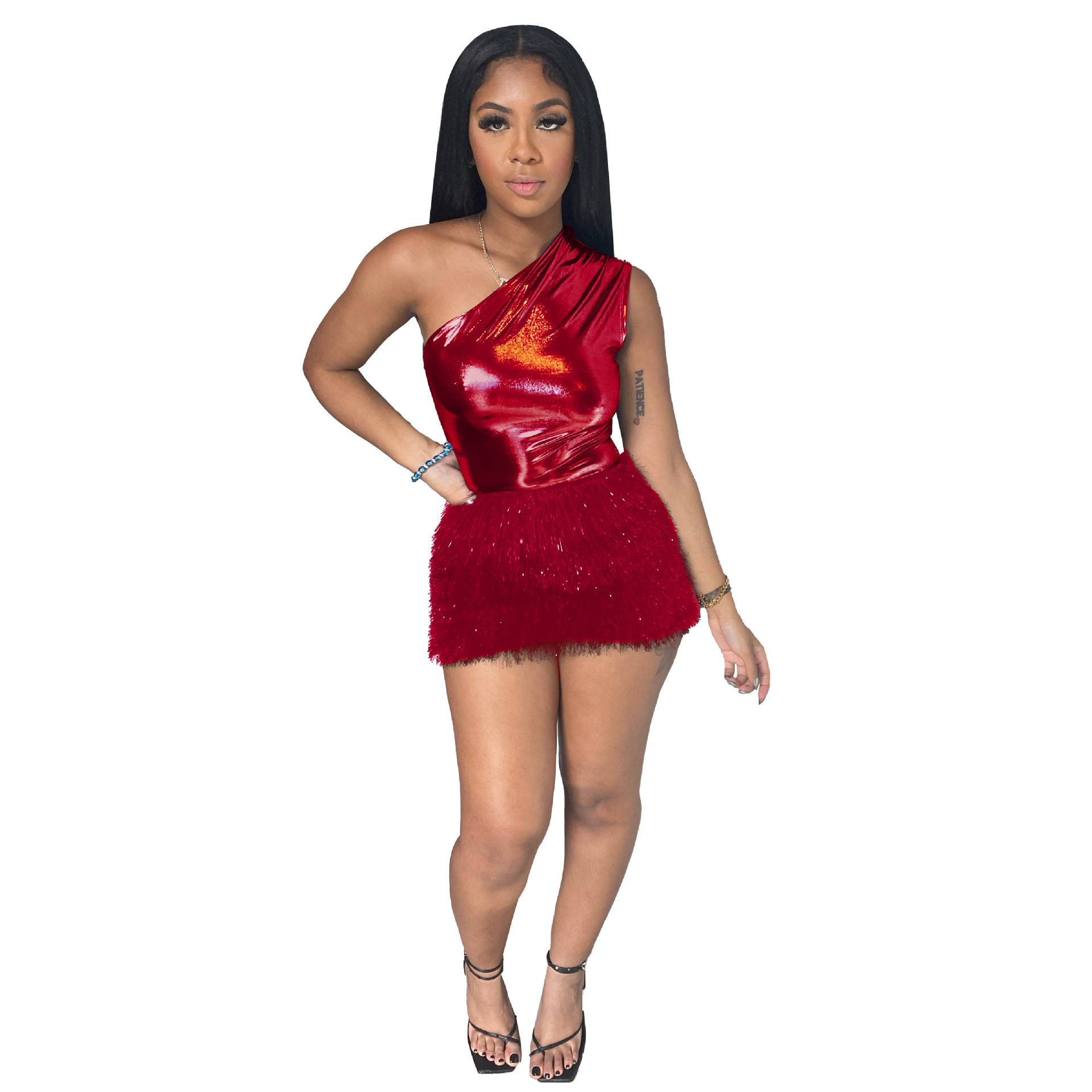 One Shoulder Two Piece Bodysuit Skirt Sets For Women 2023 Vinyl Night Club