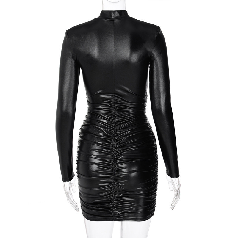 Long Sleeve Pleated Mini Dress Leather tight Sexy Club wear Women's 2022 Fall Streetwear