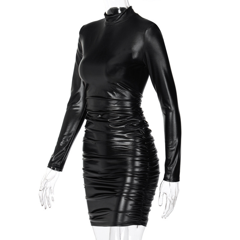 Long Sleeve Pleated Mini Dress Leather tight Sexy Club wear Women's 2022 Fall Streetwear