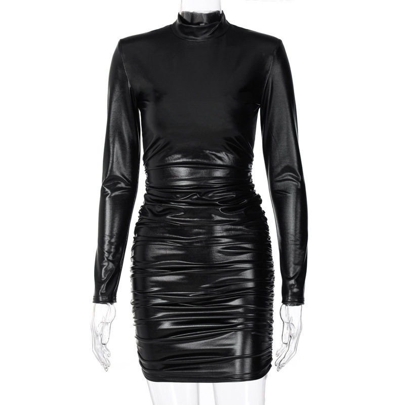 Long Sleeve Pleated Mini Dress Leather tight Sexy Club wear Women's 2022 Fall Streetwear