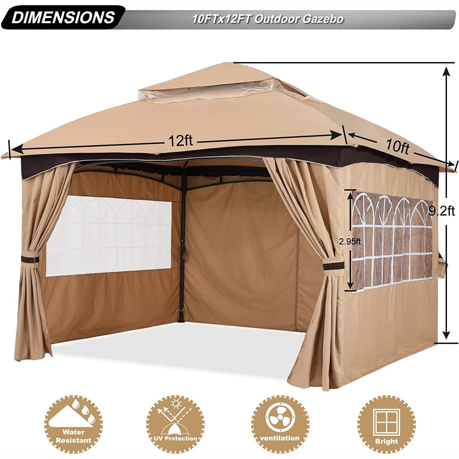 Outdoor Gazebos 10x12 with Window Simulation Church Windows Curtains for Patio Pop-up Canopy Portable Activities Tent