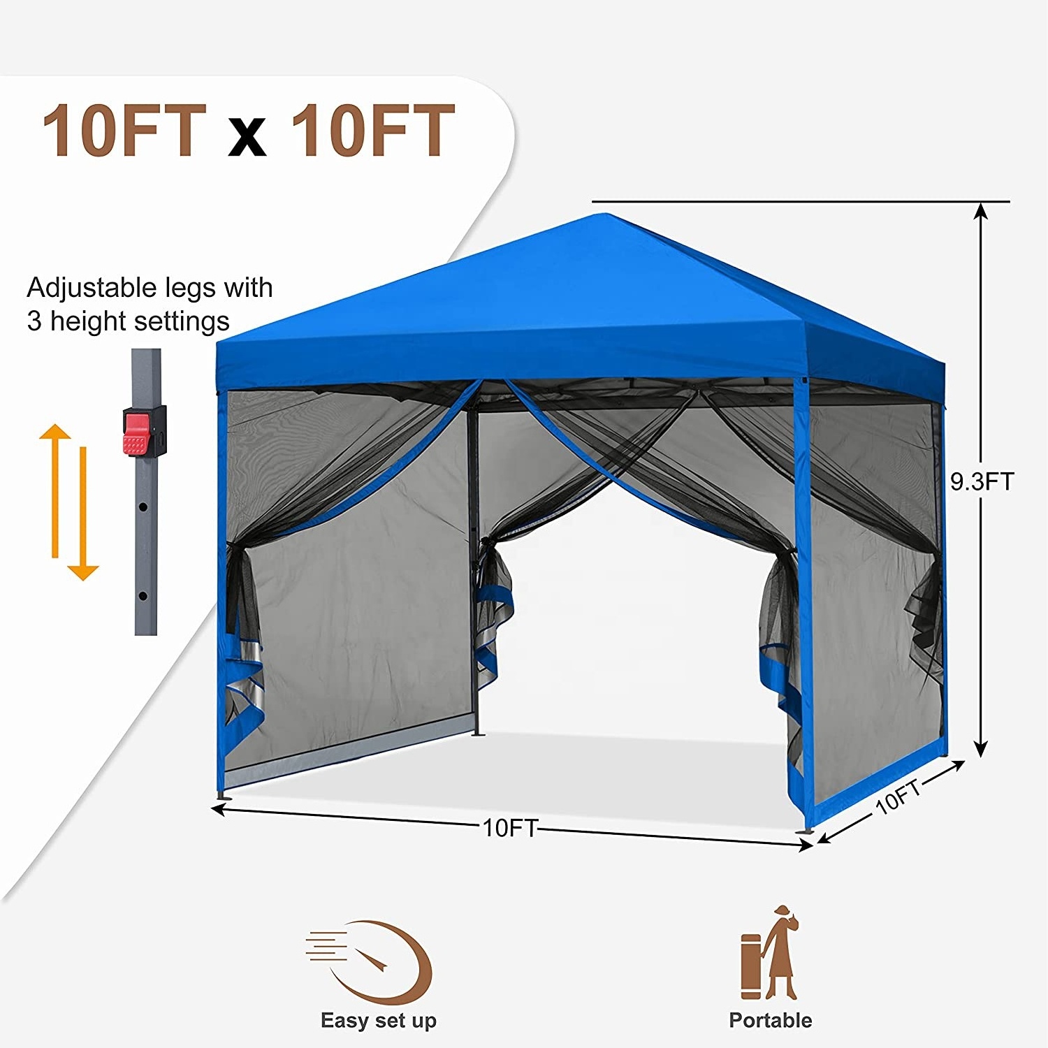 10x10 Pop-Up Easy Setup Canopy Tent with Netting Screen Walls Camping Party Beach Garden Outdoor Canopie Gazebo