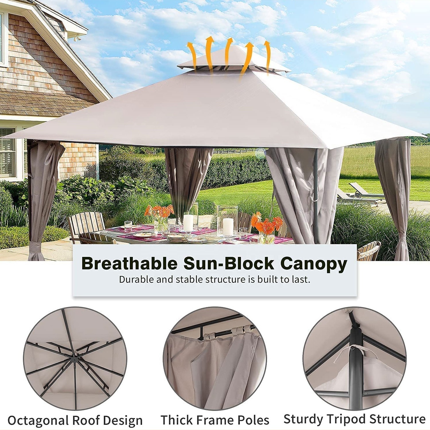 10x10 Ft Patio Gazebo with Mosquito Netting Patio Canopy Tent Double Roof Tops with Privacy Screen for Garden Backyard and Deck