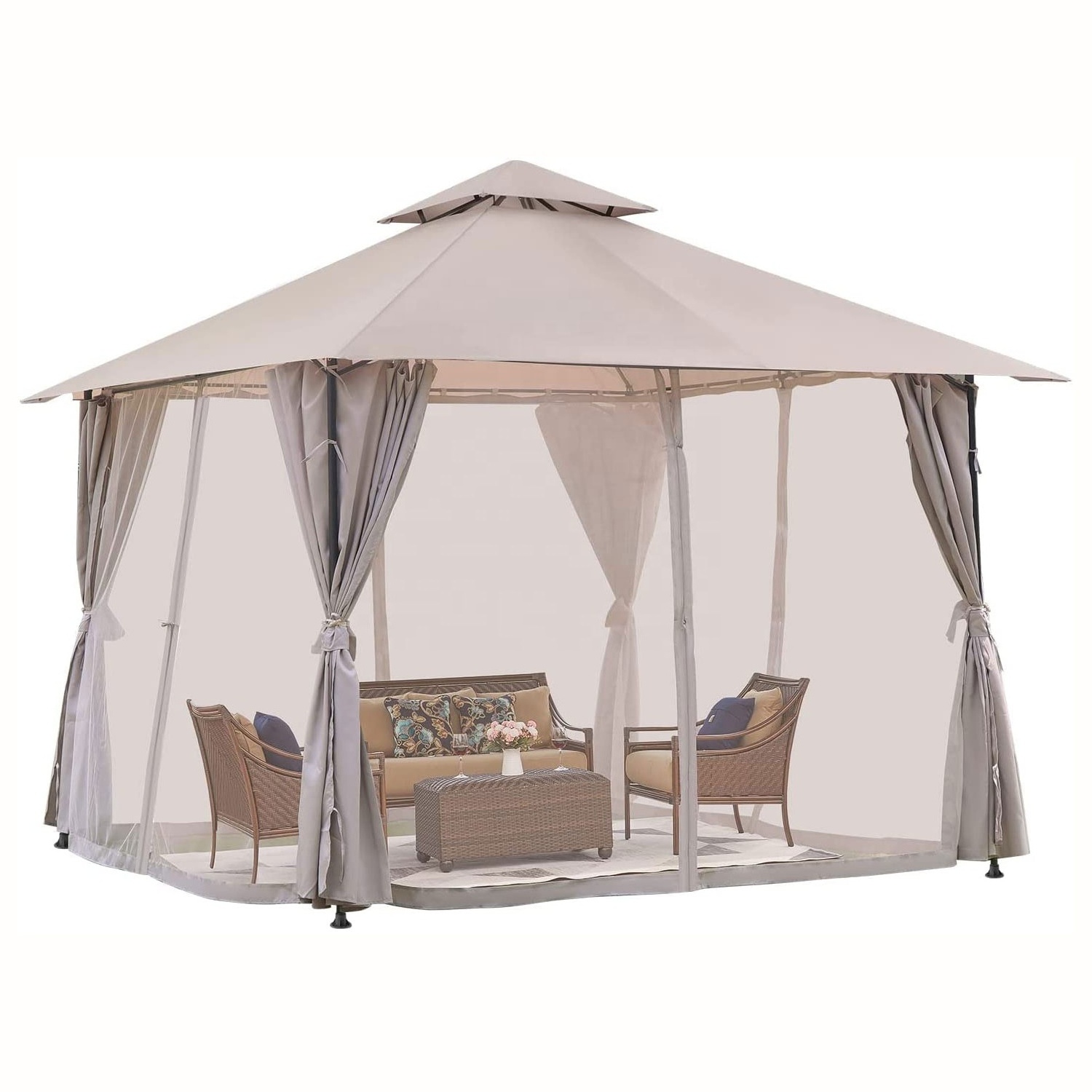 10x10 Ft Patio Gazebo with Mosquito Netting Patio Canopy Tent Double Roof Tops with Privacy Screen for Garden Backyard and Deck