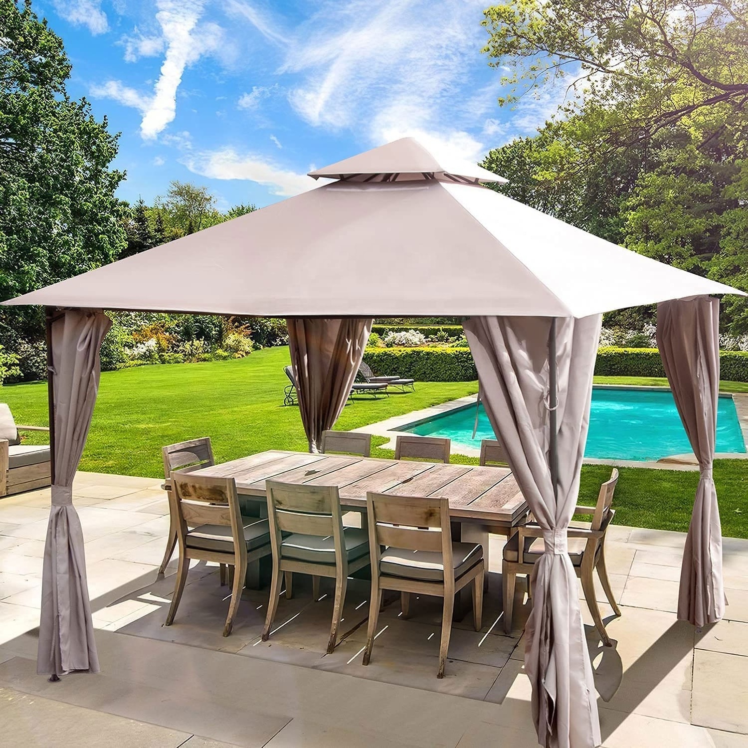 10x10 Ft Patio Gazebo with Mosquito Netting Patio Canopy Tent Double Roof Tops with Privacy Screen for Garden Backyard and Deck