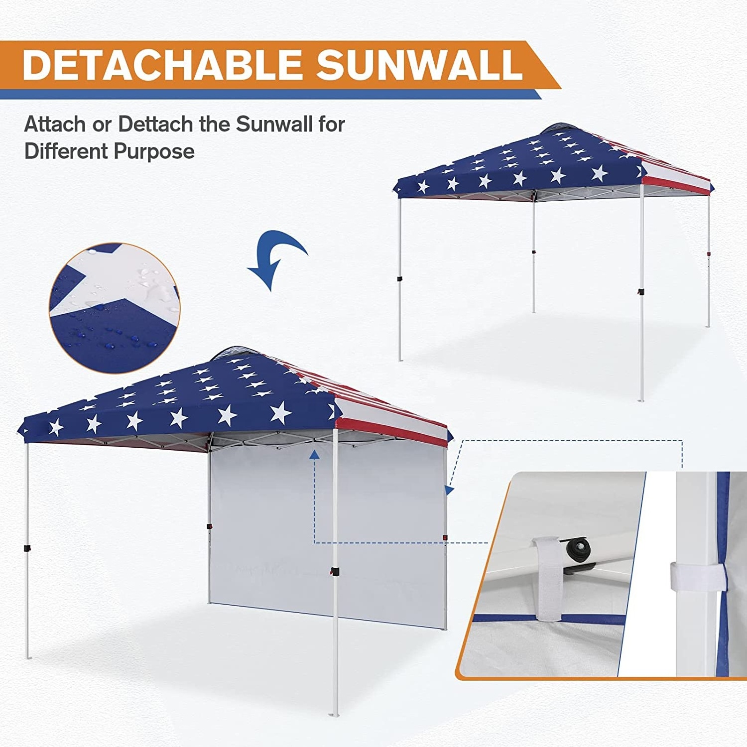 OEM Commercial Pop Up Canopy Tent Detachable Sidewall Instant Outdoor Shelter with Wheeled Carry Bag American Flag Folding Tent