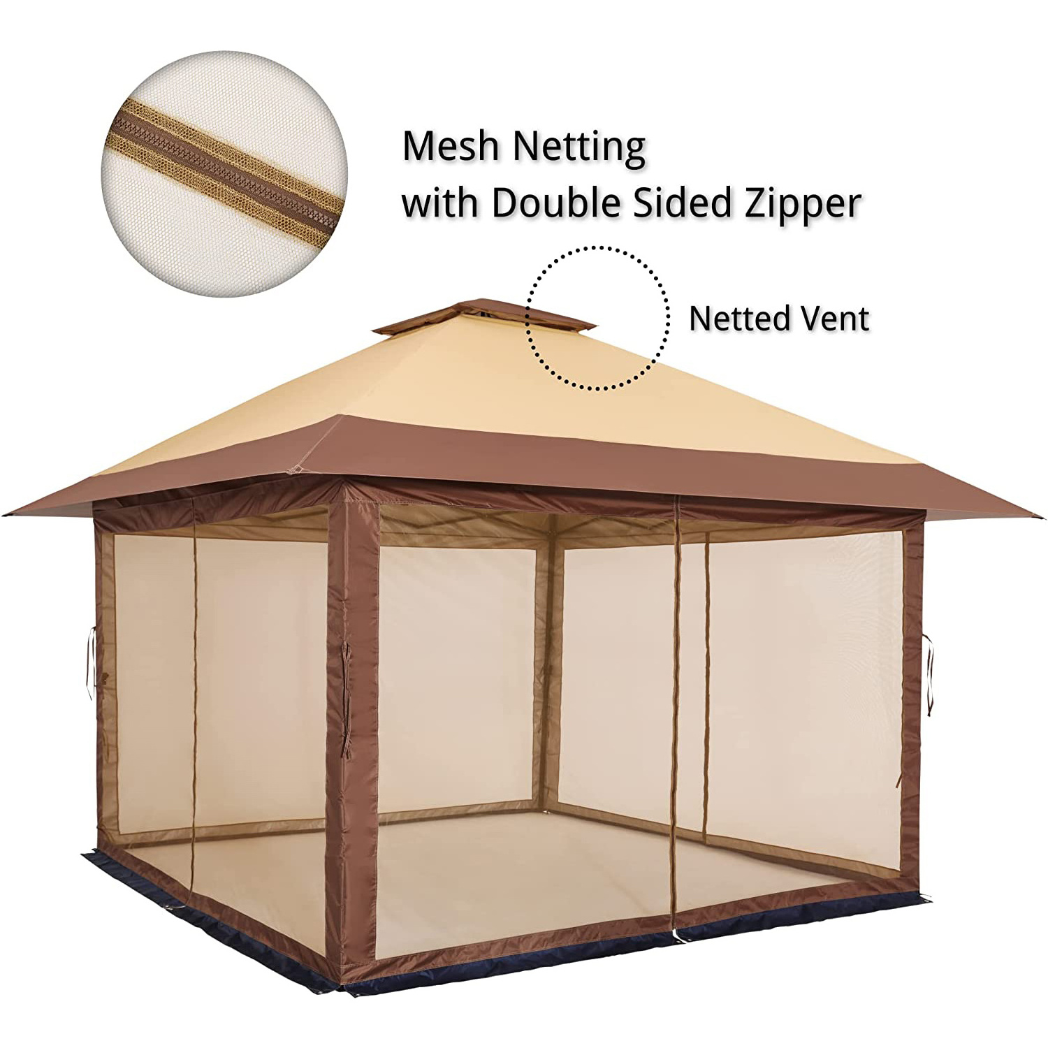 11 x 11 Pop Up Gazebo Foldable Canopy Tent with Solar LED Light Zippered Mesh Sidewalls Carrying Bag for Backyard Garden Patio