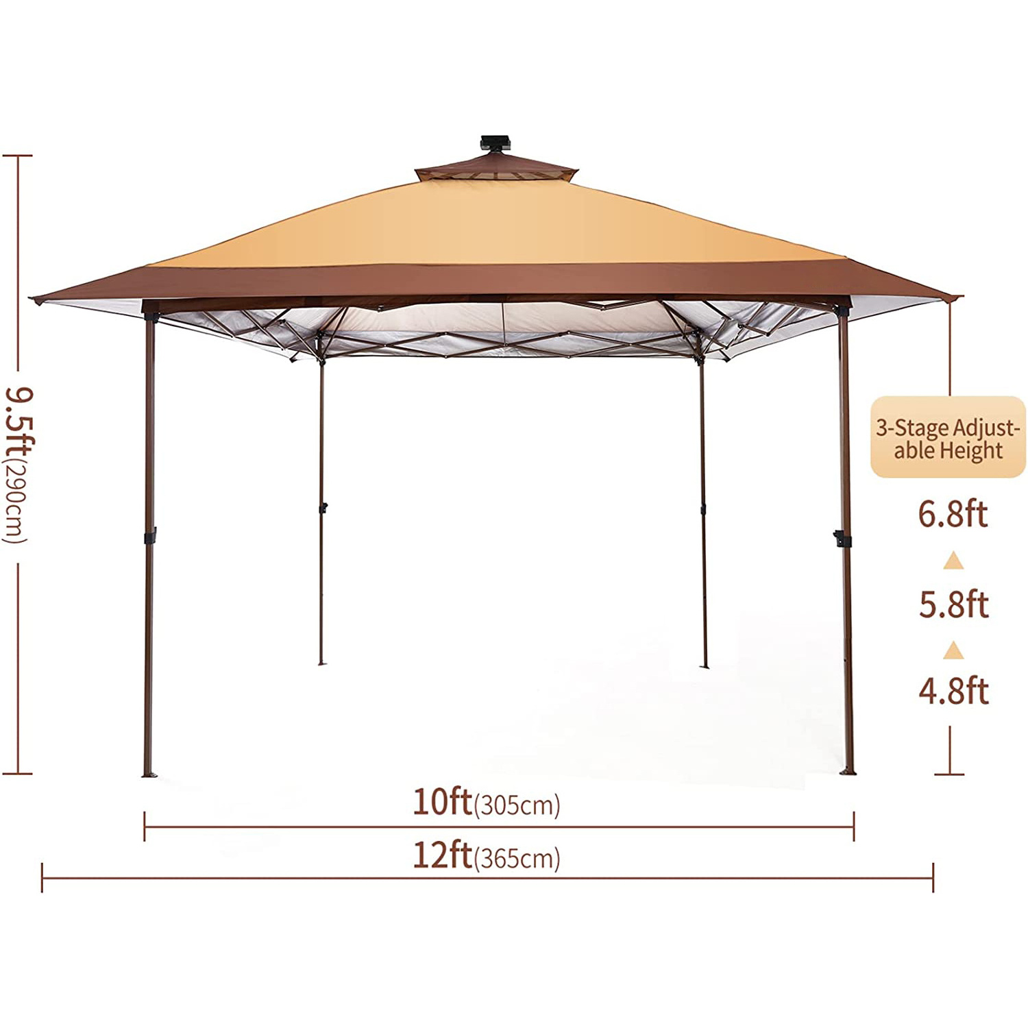 11 x 11 Pop Up Gazebo Foldable Canopy Tent with Solar LED Light Zippered Mesh Sidewalls Carrying Bag for Backyard Garden Patio