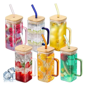 Custom Eco-friendly Sublimation High Borosilicate Square Glass Coffee Tea Cup With Handle Lids and Straws