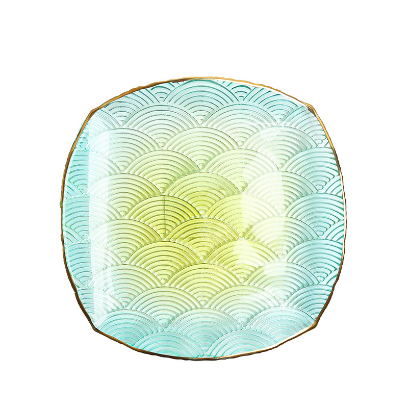 2023 New Design Unique Vintage Magic Cloud Embossed Gold Rim Square Dinner Candy Fruit Charger Glass Plate Dish