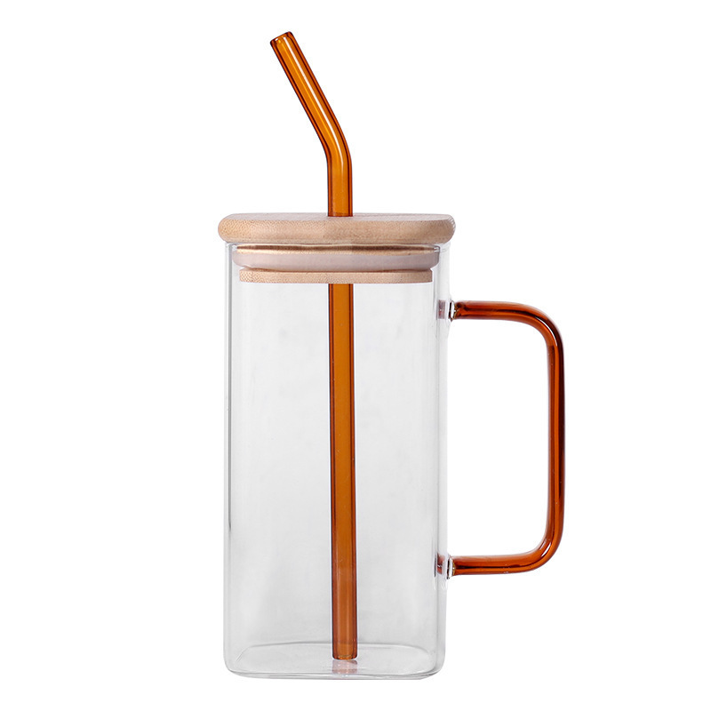 Custom Eco-friendly Sublimation High Borosilicate Square Glass Coffee Tea Cup With Handle Lids and Straws