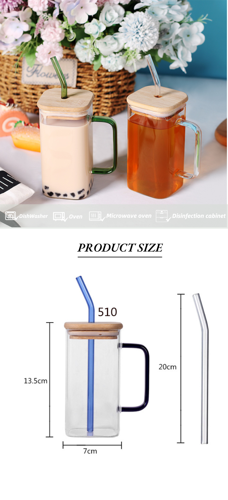 Custom Eco-friendly Sublimation High Borosilicate Square Glass Coffee Tea Cup With Handle Lids and Straws