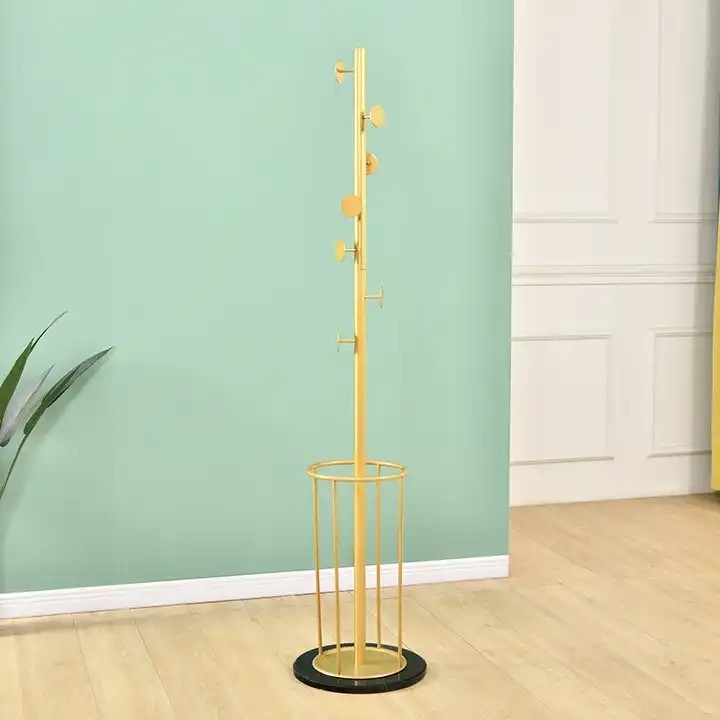 Nordic Style Clothes Hanger Bedroom Light Luxury Gold Floor-Standing Metal Marble Coat Rack With Storage