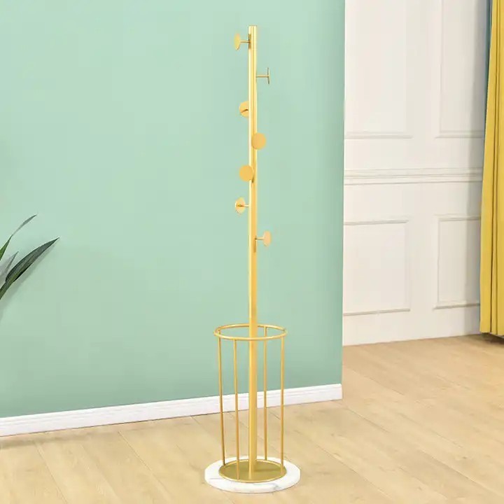 Nordic Style Clothes Hanger Bedroom Light Luxury Gold Floor-Standing Metal Marble Coat Rack With Storage