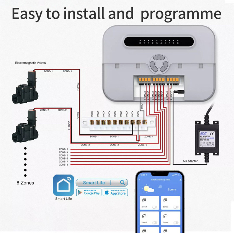 Mobile phone Wi-Fi smart control irrigation controller 8 way water valve connection controller for irrigation