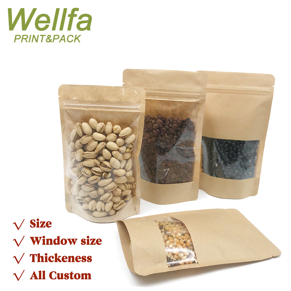 Bolsas Sac Doypack With Window Zipper For Tea Coffee Snack Food Biodegradable Packaging Bag Kraft Paper Stand Up Pouch