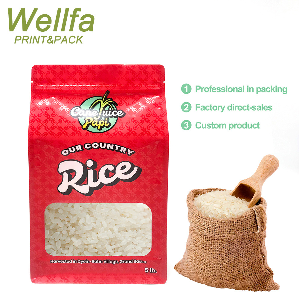 Custom Printed Sealable 1Kg 2Kg 5Kg 1Kilo Plastic Food Packing Rice Packaging With Transparent Window Flat Bottom Pouch Rice Bag