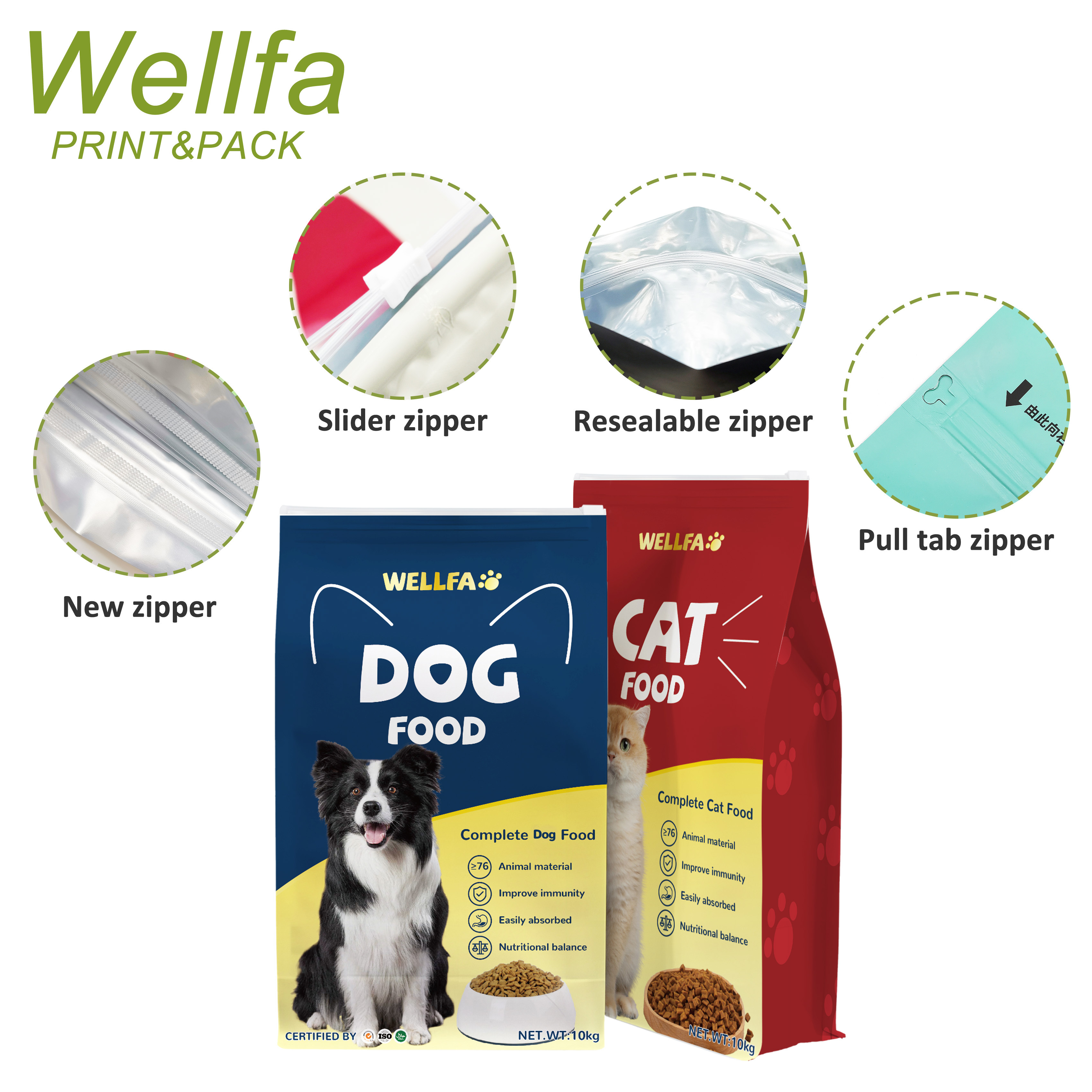 Custom Print Side Gusset Cat Dog Zipper Bag 10Kg 20Kg Flat Bottom Pouch Flexible Plastic Packed Dry 30 Lb Dog Pet Food Packaging