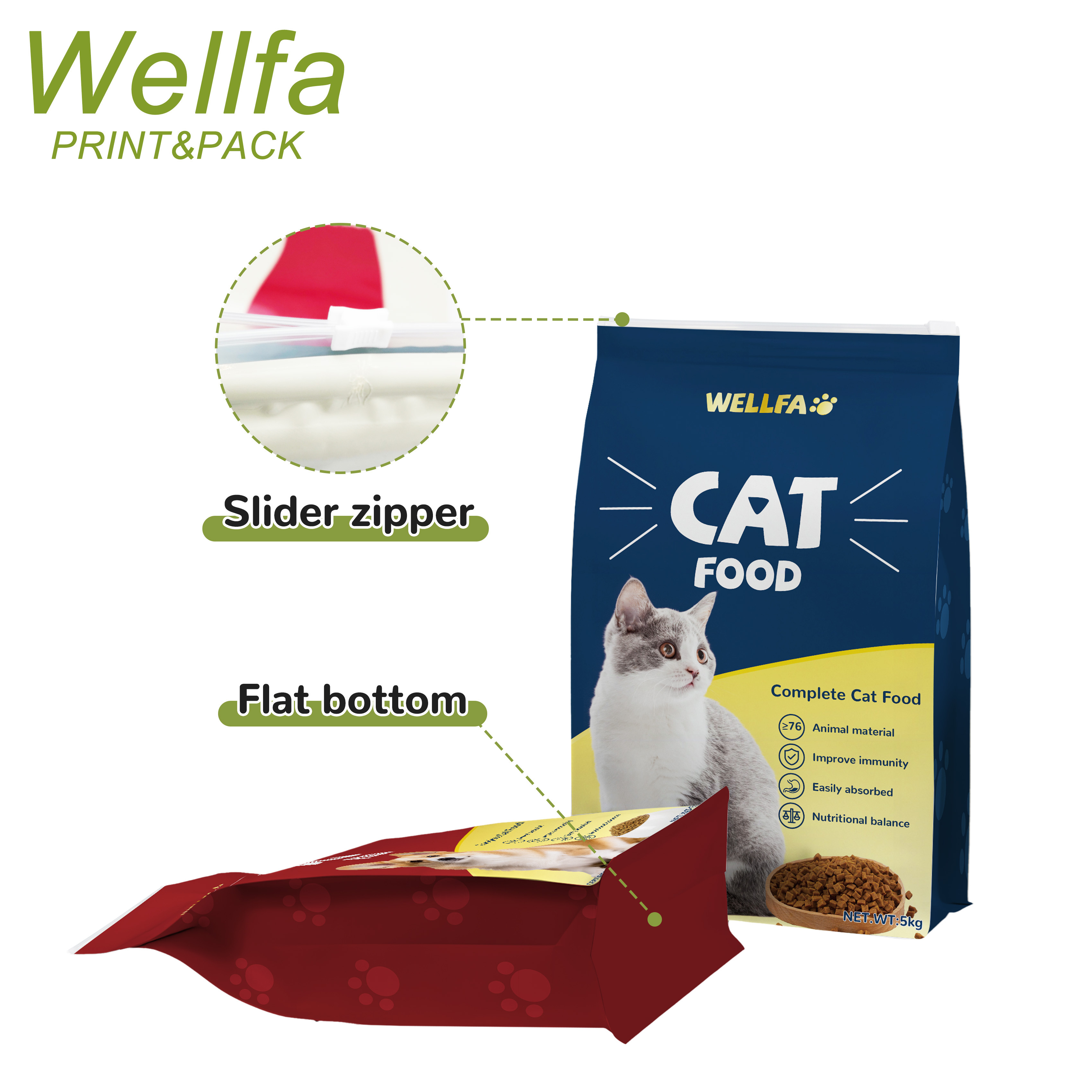 Custom Print Side Gusset Cat Dog Zipper Bag 10Kg 20Kg Flat Bottom Pouch Flexible Plastic Packed Dry 30 Lb Dog Pet Food Packaging