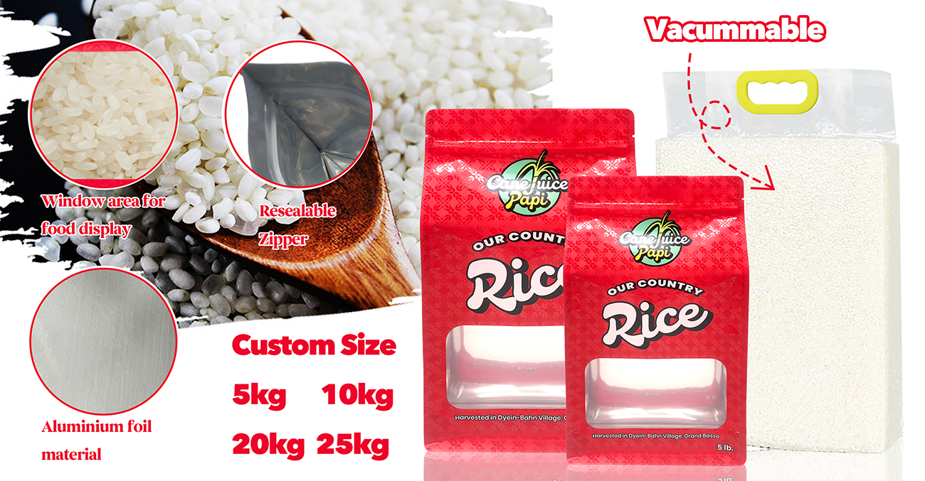 Custom Printed Sealable 1Kg 2Kg 5Kg 1Kilo Plastic Food Packing Rice Packaging With Transparent Window Flat Bottom Pouch Rice Bag