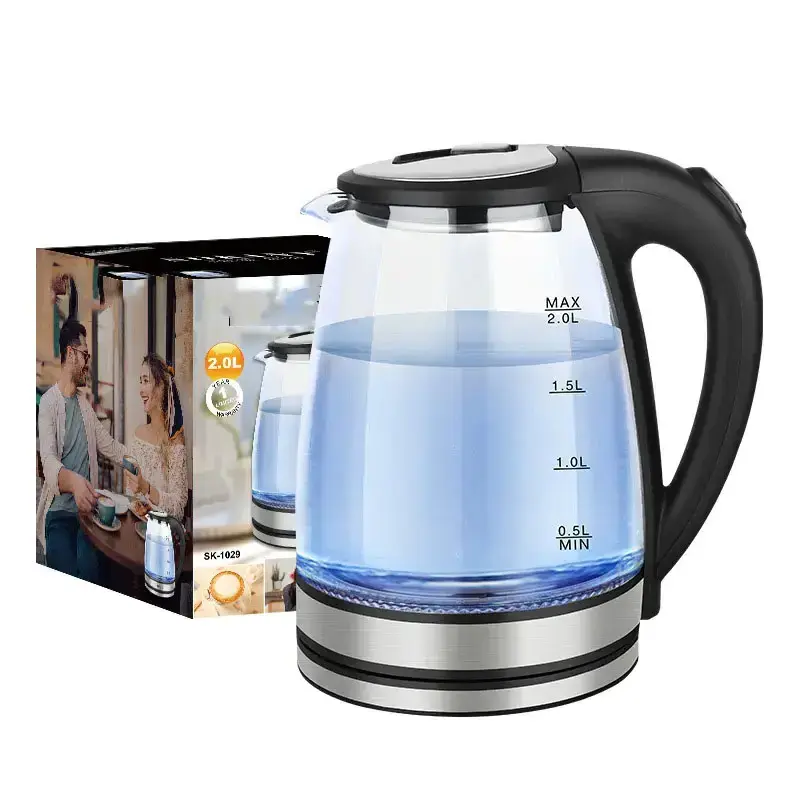 2L New Arrival Household Stainless Steel 360 Degree Rotational Base Automatic Power-Off Transparent Glass Electric Kettle