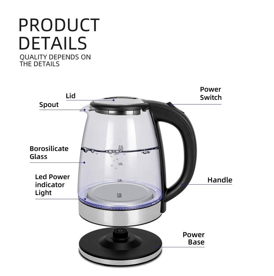 2L New Arrival Household Stainless Steel 360 Degree Rotational Base Automatic Power-Off Transparent Glass Electric Kettle