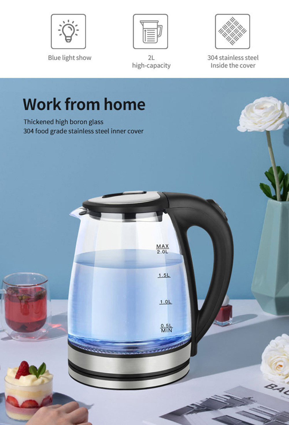 2L New Arrival Household Stainless Steel 360 Degree Rotational Base Automatic Power-Off Transparent Glass Electric Kettle