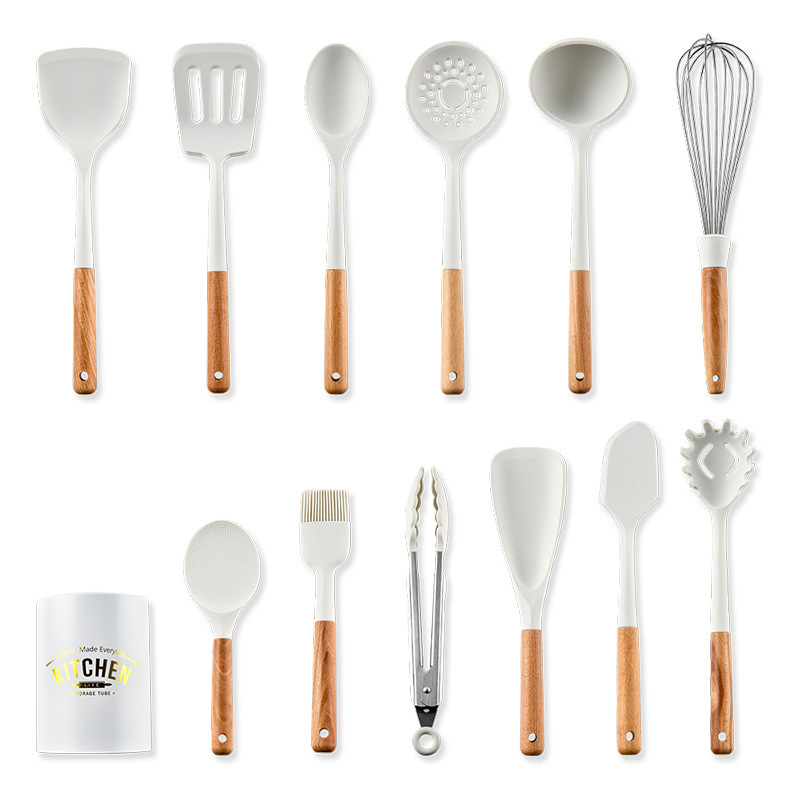 New Cream Wooden Handle Silicone Kitchen Set 12 Pieces Non-Stick Cooking Spatula Cooking Set