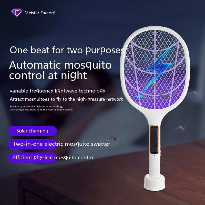 Hand-hold  Solar Mosquito Racket  USB Rechargeable Bug Zapper Electric Fly Insect Racket Mosquito Swatter