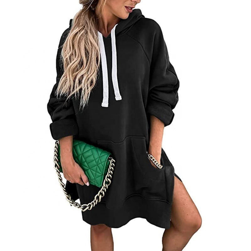 YHH-117 Women's hoodies & sweatshirts Long Sleeve Split Hem Hoodie Dress with Kangaroo Pocket women hoodie