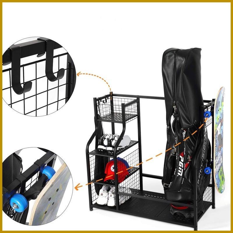 Custom Black Metal Golf Bag Display Stand Garage Golf Club Bag Hats Shoes Storage Rack Multi-purpose Display Shelf