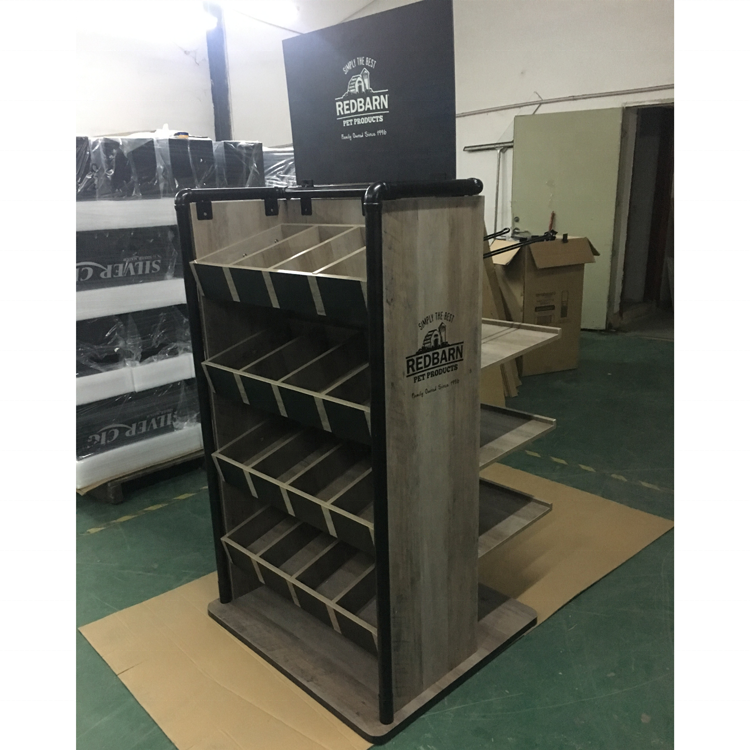 Two side MDF pet feed display stand free standing floor display shelf