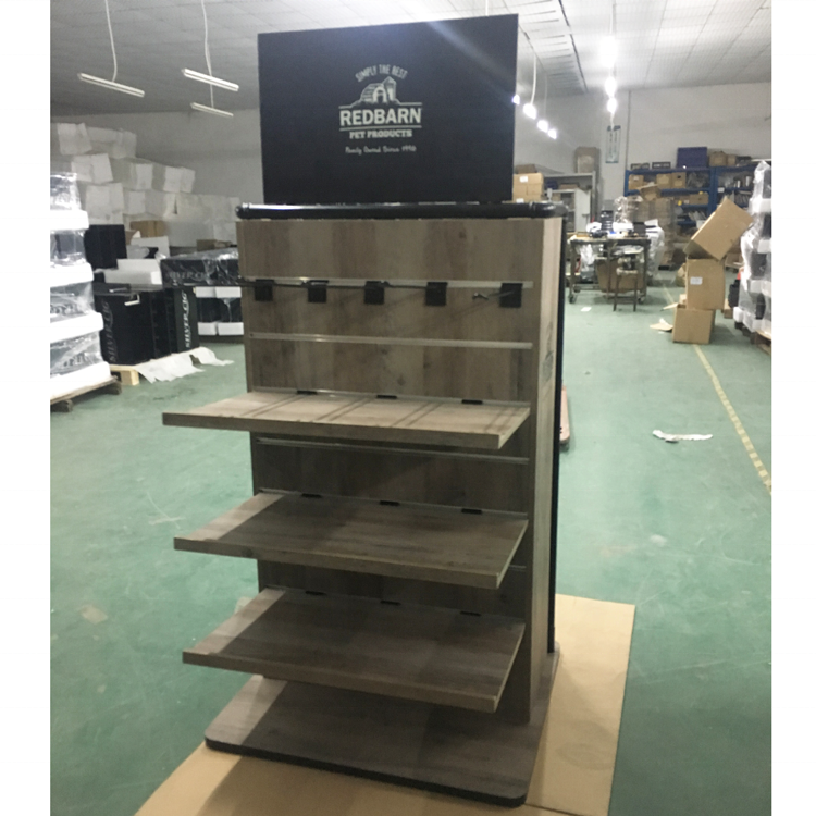 Two side MDF pet feed display stand free standing floor display shelf