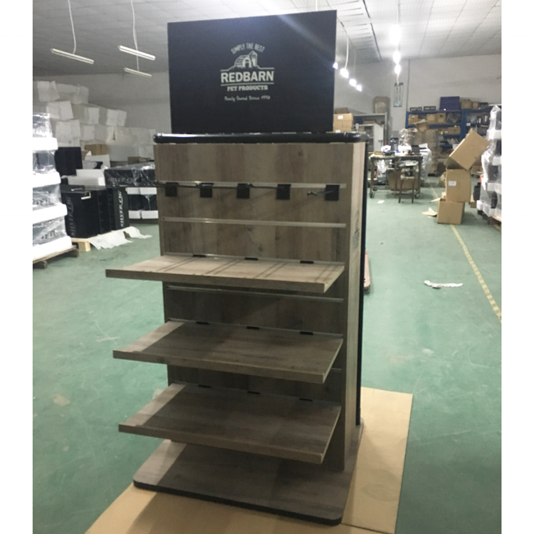 Two side MDF pet feed display stand free standing floor display shelf