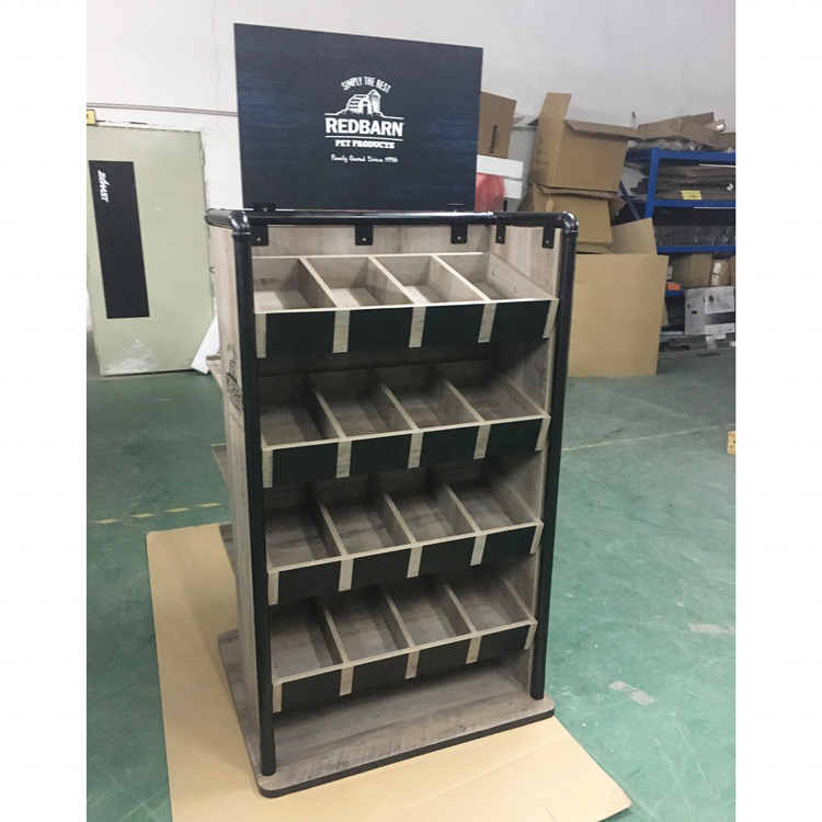 Two side MDF pet feed display stand free standing floor display shelf