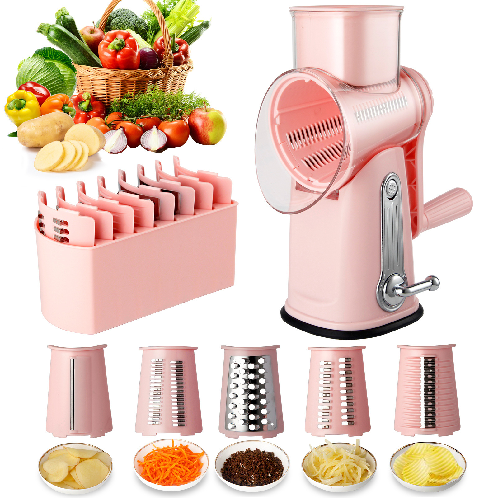 Rotary Cheese GraVegetable Chopper and Cheese Grater 3 Stainless Steel Round Blades - Slices, Chops, Juliennes - Dishwasher Safe