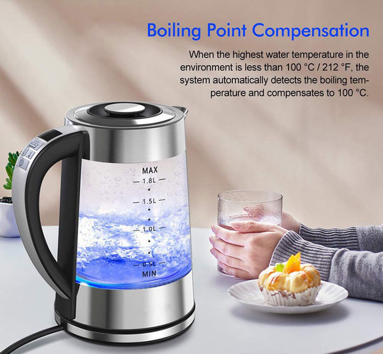 New Design Lcd Display 1.8L Fast Boil Water Glass Transparent Kettle Electric Kettle