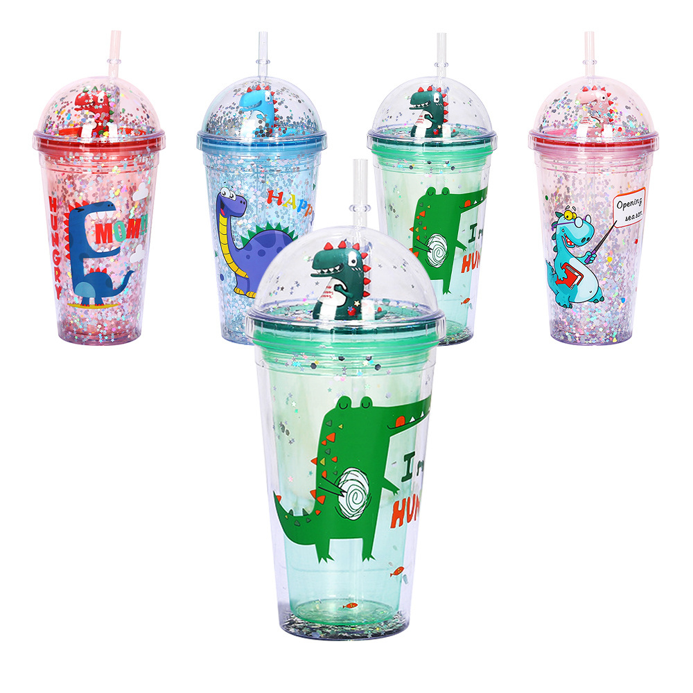 Double layer Dome Lid Cup Cute Dinosaur doll Glitter tumbler with straw