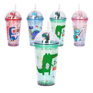 Double layer Dome Lid Cup Cute Dinosaur doll Glitter tumbler with straw