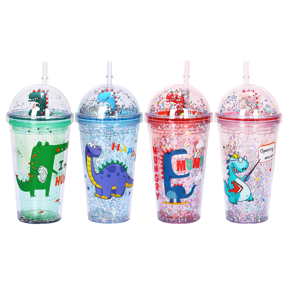 Double layer Dome Lid Cup Cute Dinosaur doll Glitter tumbler with straw