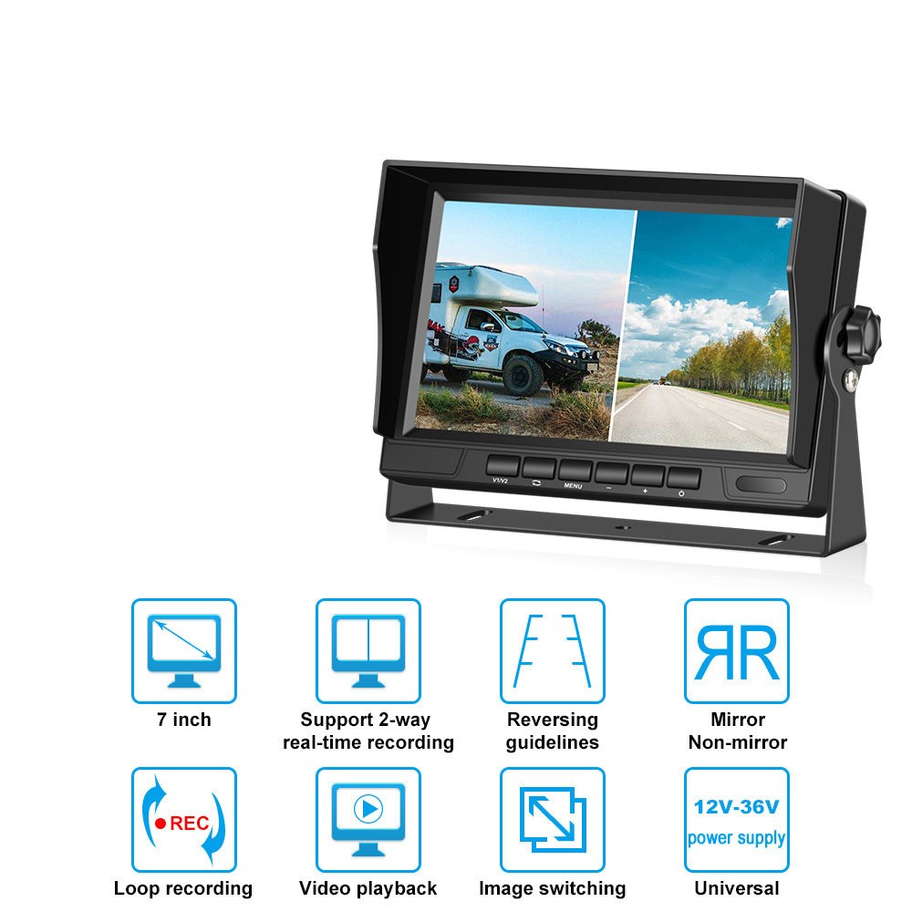 7 inch IPS Car Video Recorder HD Rear View Parking Monitor 12-24V Truck Bus 2CH/2channel Display