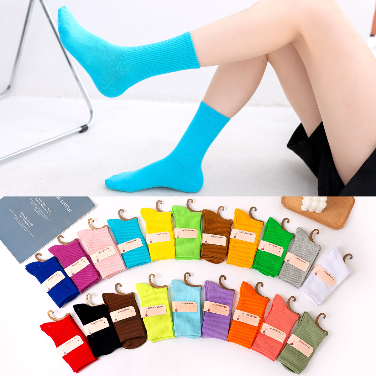 YL Wholesale women solid socks cotton crew custom logo midi long tube calcetines fashion slouch socks for ladies girls