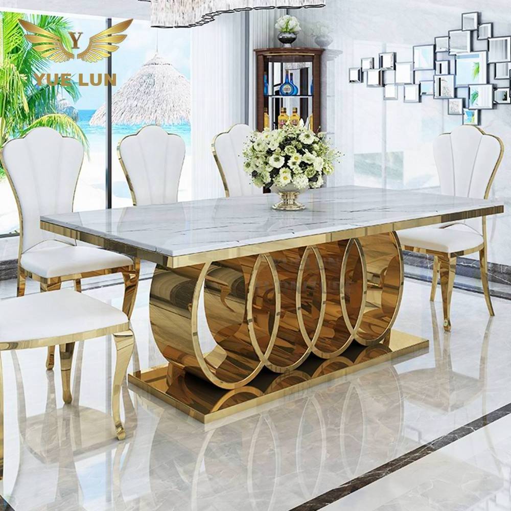 Metal furniture sets factory gold stainless steel dinning table marble dining table set 8 seater dining table with 10 seaters