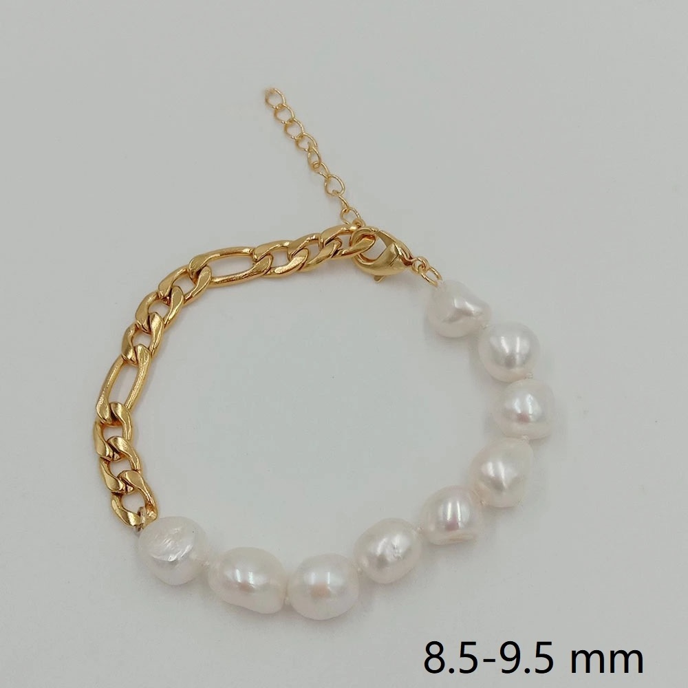 100% nature freshwater pearl bracelet , 6.5-9.5 mm baroque pearl bracelet mixed with stainless steel chain ,18k gold plating