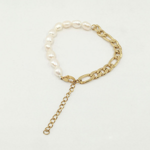 100% nature freshwater pearl bracelet , 6.5-9.5 mm baroque pearl bracelet mixed with stainless steel chain ,18k gold plating