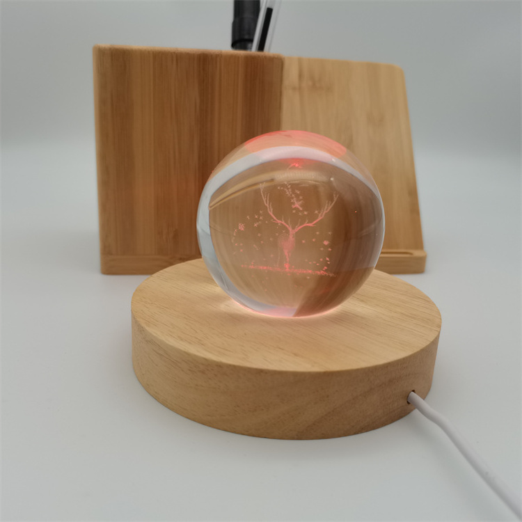 Custom USB Rubberwood 3D Round Wooden Base Crystal Display Stand LED Resin lamp holder